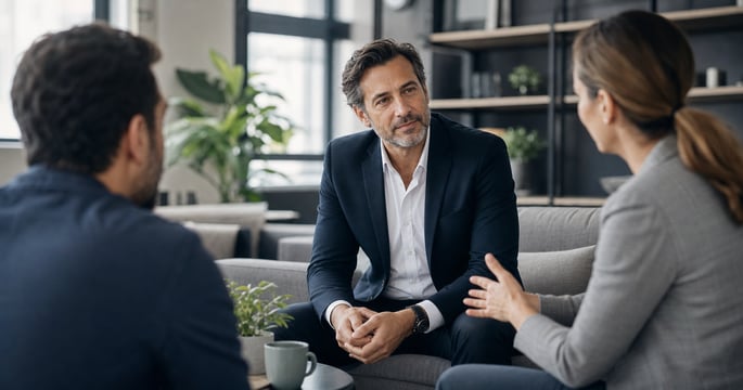 Senior leader listening thoughtfully in a calm professional conversation with two colleagues in a modern office lounge.