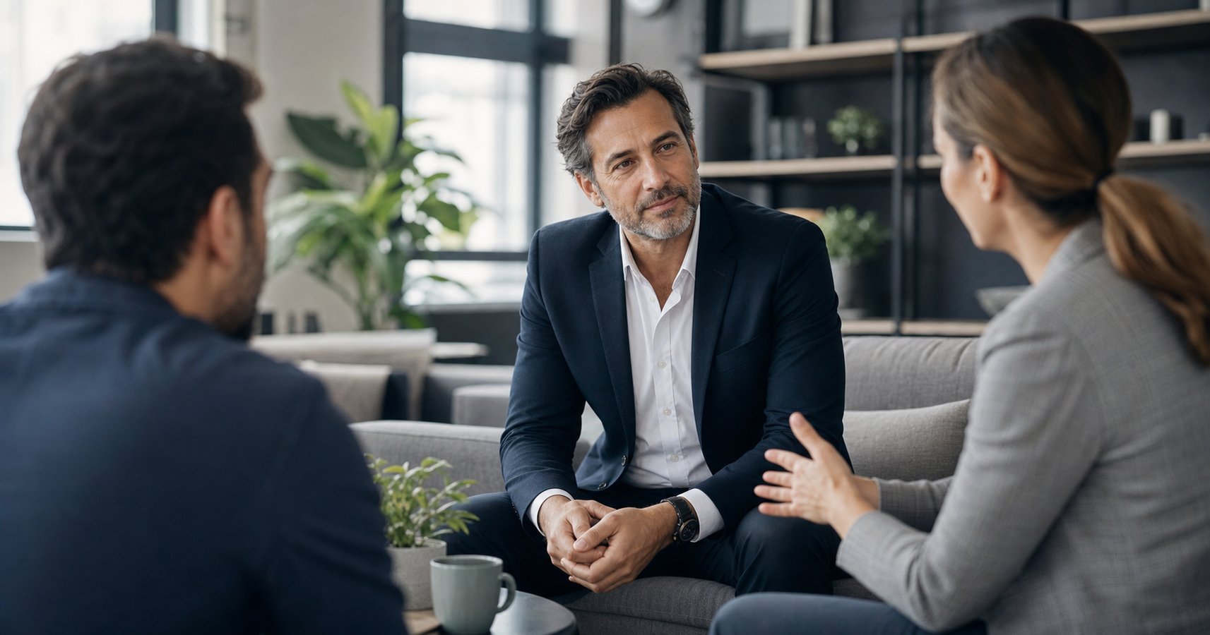 Senior leader listening thoughtfully in a calm professional conversation with two colleagues in a modern office lounge.