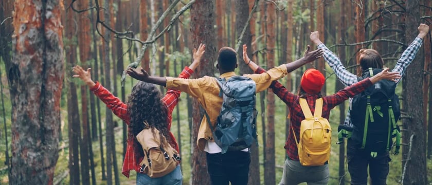 Four hikers with backpacks raising their arms in a forest