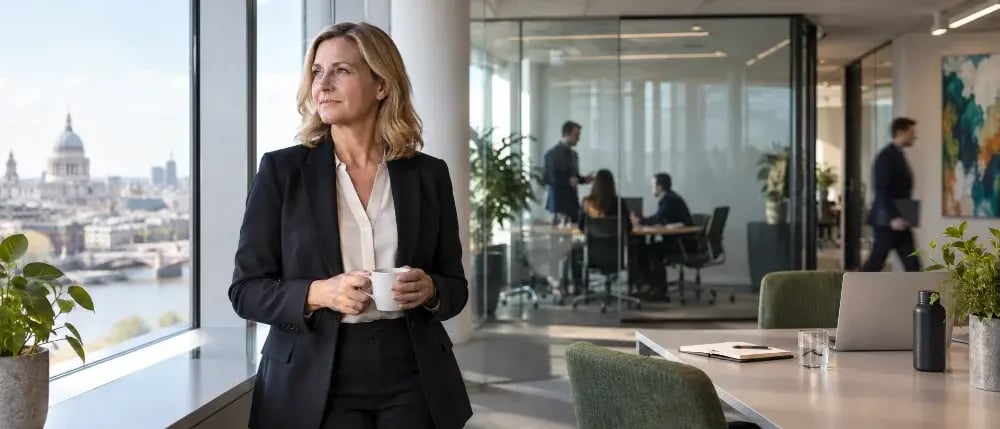Business leader taking a quiet pause beside an office window, holding a mug, with colleagues meeting in the background.